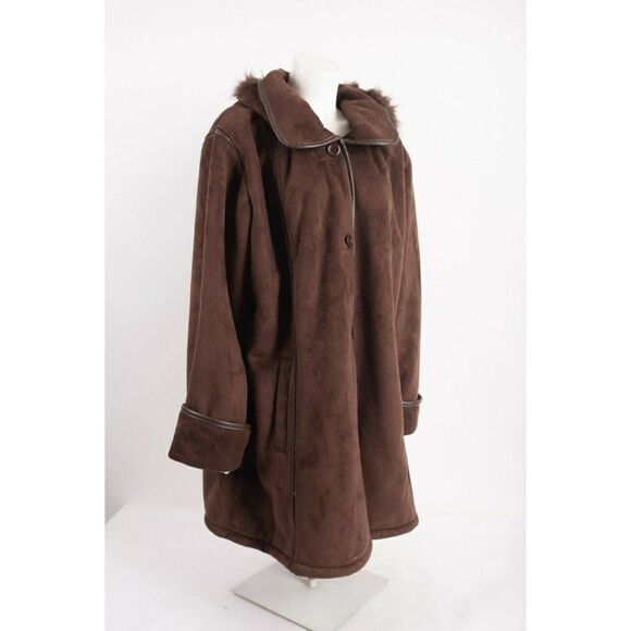 Excelled Collection Womans Brown Faux Suede Coat Size 2XL Faux Fur Trim Hood NWT - Picture 5 of 6